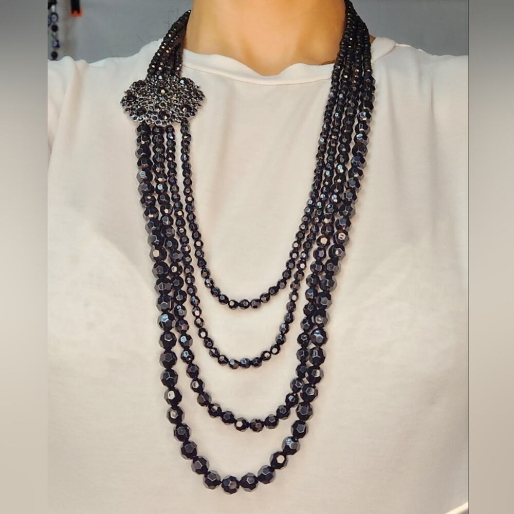 Vintage 4 Strand Black Faceted Bead Necklace Large Flower Pendant Coquette Noir - Picture 6 of 6